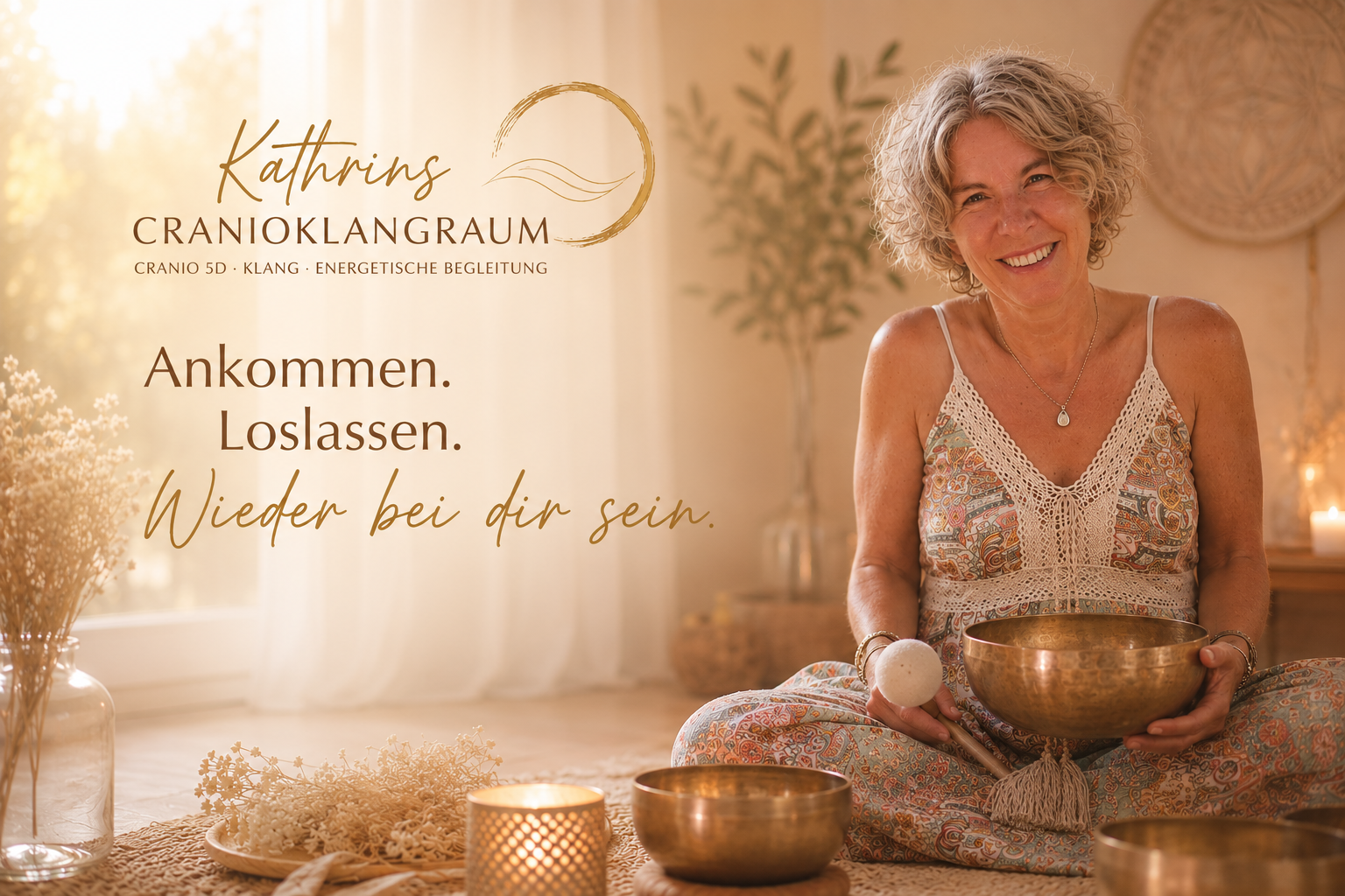 Kathrin Flinspach mit Klangschale in ihrem warm eingerichteten CranioKlangRaum in Backnang
